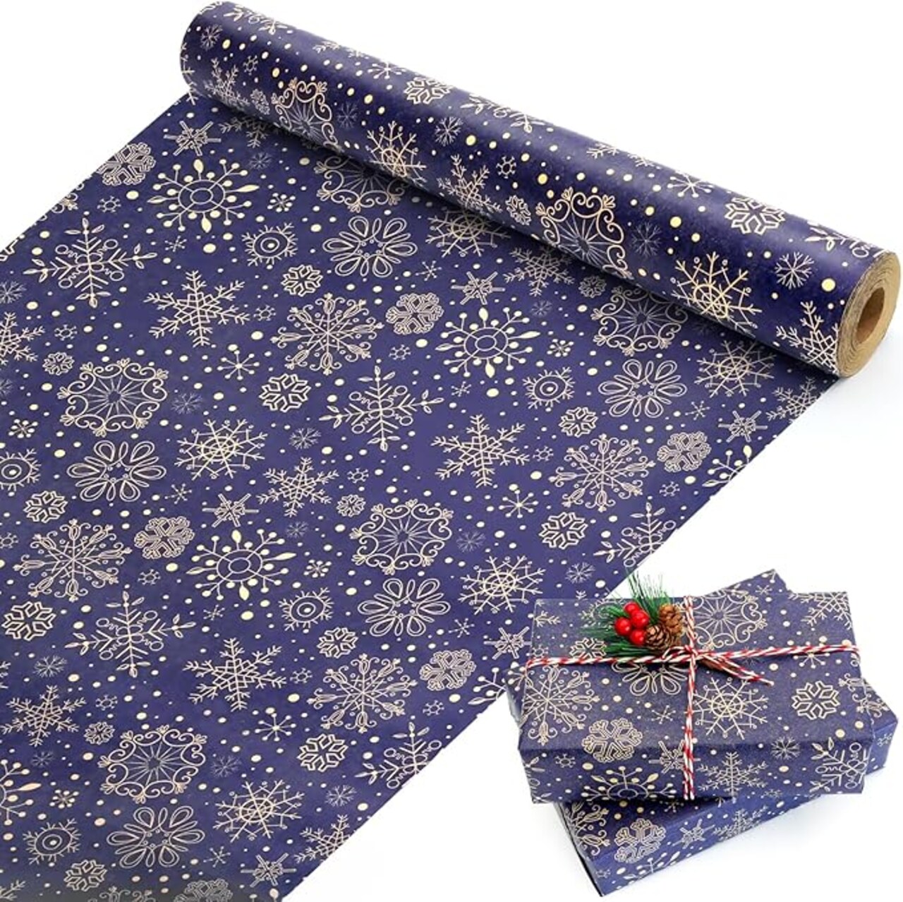 Navy Blue and Brown Kraft Gift Wrapping Paper Jumbo Roll, Snowflake Recycle Christmas Wrapping Paper for Gift Wrapping Arts Crafts Decorations, 17x590 Inch.